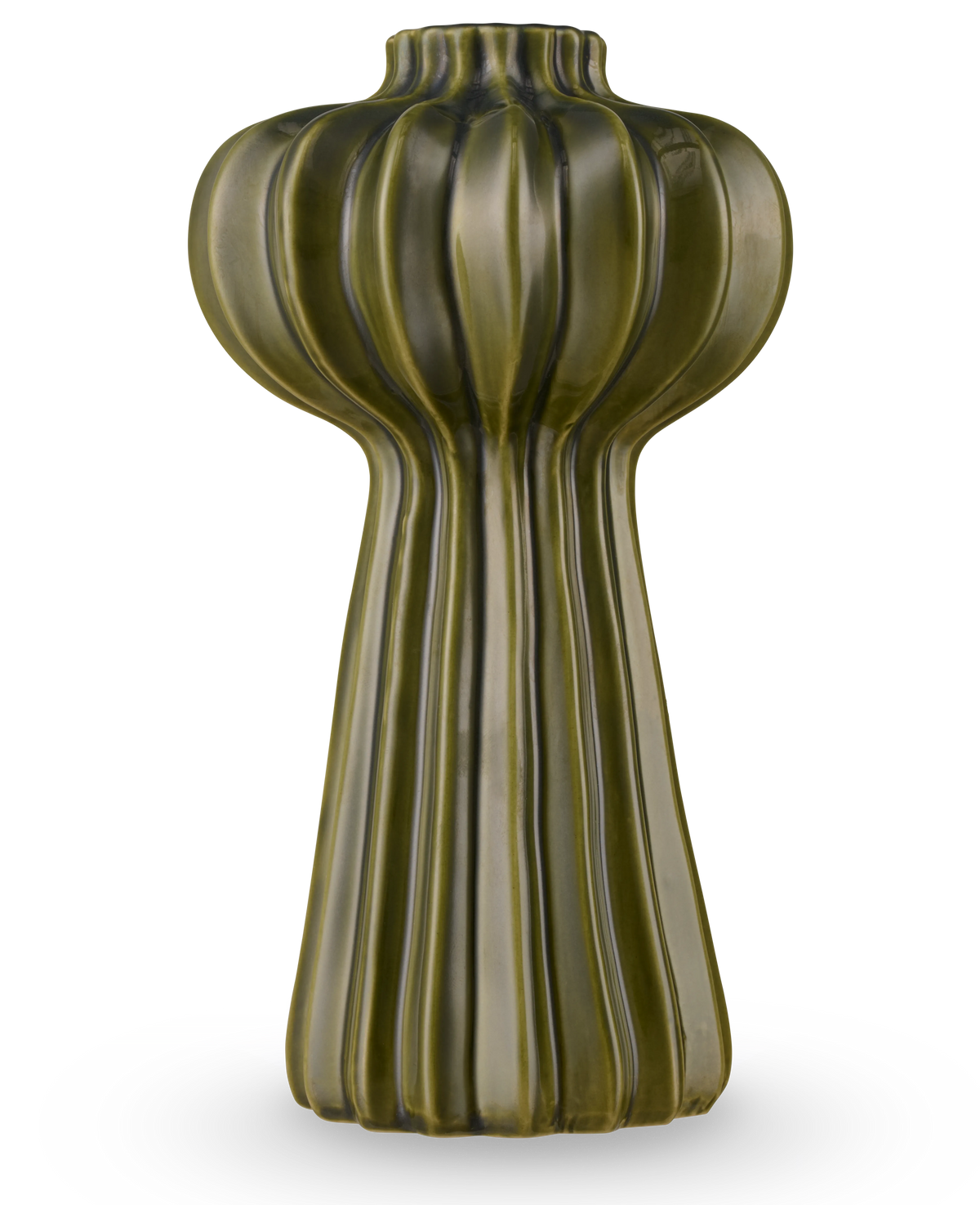 Il vaso Morning Dawdrop verde da 25 cm è un vaso alto e moderno con una finitura verde oliva lucida, creste verticali e una forma organica e scultorea che si assottiglia da una parte superiore sferica a un'elegante base scanalata.