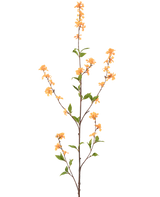 Un fiore artificiale alto e snello fiorisce di colore giallo 119 cm con diversi germogli con mazzi di piccoli fiori gialli e foglie verdi, isolati su uno sfondo bianco.