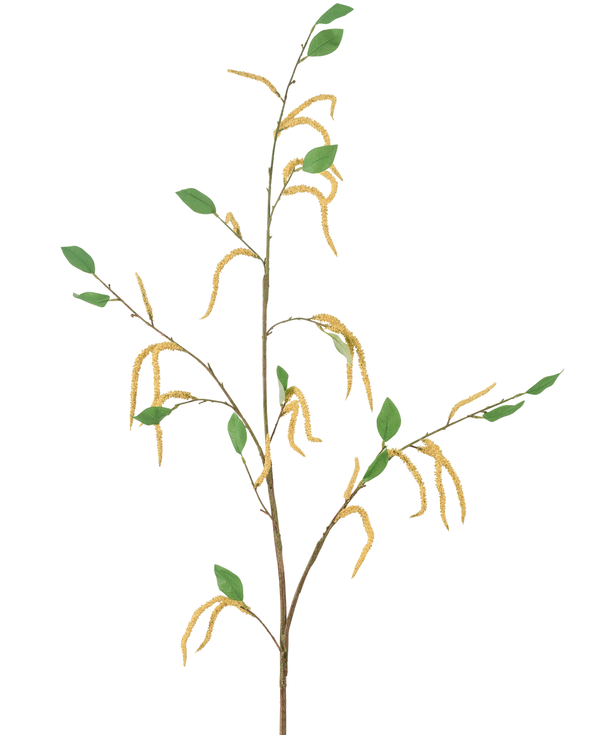 Il fiore artificiale Amaranto 147 cm giallo è composto da un ramo sottile con foglie verdi e diversi amenti gialli pendenti, raffigurati su sfondo bianco.