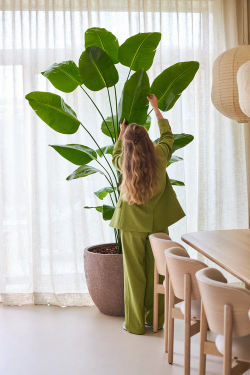 Una persona con capelli lunghi e ondulati, che indossa un abito verde, si trova all'interno e allunga la mano per sistemare le grandi foglie della Pianta Artificiale Strelitzia 240 cm real touch, posizionata accanto a un tavolo da pranzo con sedie in legno e tende traslucide sullo sfondo.