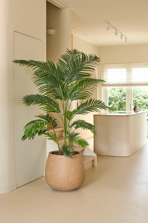 Una pianta artificiale di Chamaedorea di 180 cm si trova in una cucina moderna e luminosa dai toni neutri, un arredamento minimalista e la luce naturale che filtra dalle finestre.