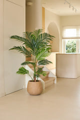 Una pianta artificiale Phoenix da 160 cm si trova su un pavimento chiaro in uno spazio moderno e minimalista con luce naturale soffusa, elementi architettonici curvi e toni neutri: un aggiornamento interno semplice che porta il fascino delle piante tropicali all'interno.