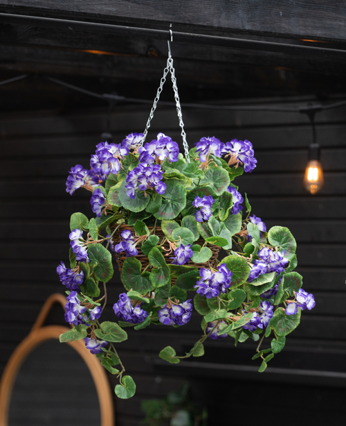 La Begonia artificiale viola in cesto UV 70 cm è appesa a una catena e mostra foglie verdi lussureggianti e vivaci fiori viola e bianchi. Dietro di esso, una parete di legno scuro e una lampada accesa completano la scena.