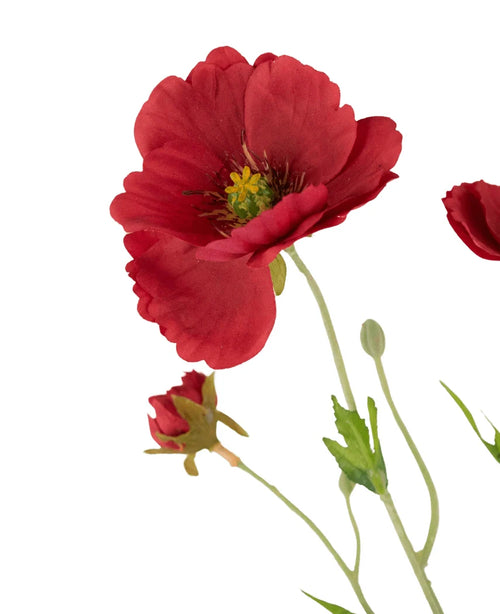 Il papavero artificiale Real Touch Rosso da 65 cm ha un vivace fiore di papavero rosso con un cuore giallo, un bocciolo e foglie verdi su uno sfondo bianco.