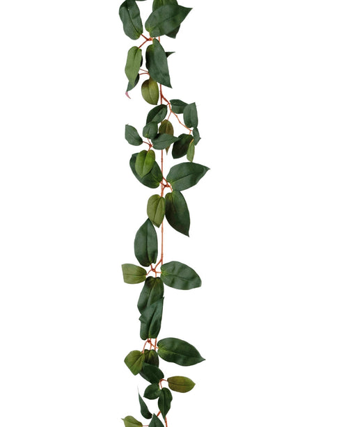 La ghirlanda artificiale Tradescantia verde 180 cm ha una lunga pianta rampicante pendente con foglie verdi ovali e steli sottili rossastri, raffigurati su uno sfondo bianco.