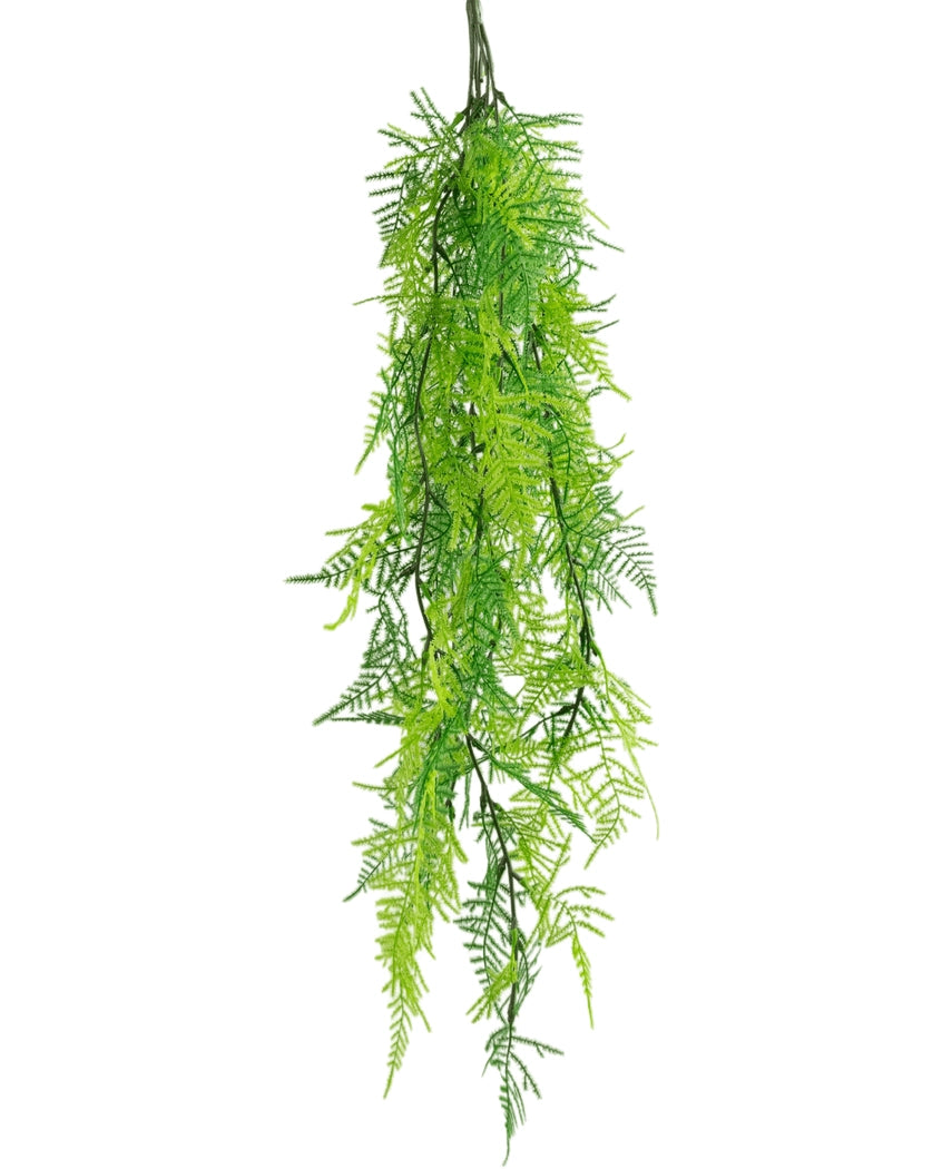 La pianta pensile artificiale Asparagus UV 80 cm è una felce artificiale con foglie verde chiaro che cadono su uno sfondo bianco.