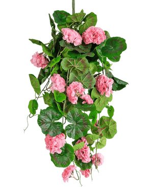 La pianta pensile artificiale Geranio 75 cm rosa ha foglie verdi artificiali e fiori di geranio rosa che cadono, perfetti come decorazione da appendere su uno sfondo bianco.