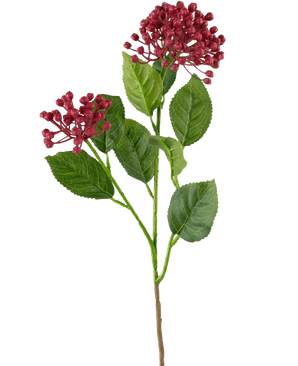 Un singolo fiore di ortensia artificiale con stelo rosa scuro di 55 cm con foglie verdi e due mazzi di piccoli boccioli rotondi di colore rosa intenso su uno sfondo bianco semplice.