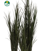 L'erba artificiale Bordeaux UV 120 cm ha fili di erba artificiale verde lunga e sottile con un simbolo UV nell'angolo in alto a sinistra che indica la resistenza ai raggi UV, su uno sfondo bianco semplice.