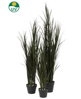 L'erba artificiale Bordeaux UV da 120 cm contiene quattro piante di erba artificiale in vaso resistenti ai raggi UV di diverse altezze in vasi neri, ciascuna contrassegnata con un logo UV verde, su uno sfondo bianco semplice.