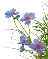 Erba artificiale viola Gesang Flower a cipolla in vaso da 90 cm con delicati fiori viola e blu con centri gialli e sottili steli verdi, circondati da sottili foglie verdi. Ignifugo, ideale su sfondo bianco.