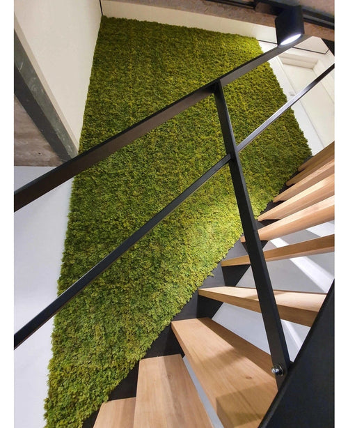 Una scala moderna con gradini in legno e ringhiera nera si trova accanto a una parete verde di Kunsthaag Nordic Mos 50x50 cm UV e aggiunge un accento naturale e strutturato agli interni lussuosi.