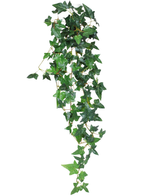 La pianta pensile artificiale Ivy Boston 100 cm verde ha foglie di edera verde appuntite su steli sottili, che cadono su uno sfondo bianco.
