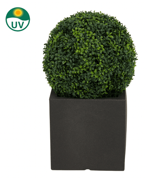 La pianta artificiale in legno di bosso stile romano UV D40 cm è una forma d'arte rotonda con fitte foglie verdi in un vaso quadrato nero. Nell'angolo in alto a sinistra c'è un simbolo di protezione UV con un sole e il testo "UV".