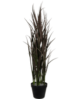 L'erba artificiale Bordeaux UV 90 cm è una pianta artificiale alta con foglie lunghe e strette, di colore verde scuro e marrone, che si ergono verticalmente in un vaso nero, su uno sfondo bianco semplice.