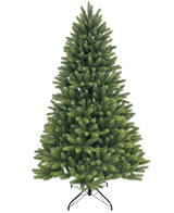 L'albero di Natale artificiale "Ask" 100% PE ha rami verdi fitti e distribuiti uniformemente, realizzati con veri aghi di PE. Si trova su un supporto di metallo nero ed è raffigurato su un semplice sfondo bianco.