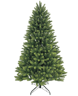 L'albero di Natale artificiale "Ask" 100% PE ha rami verdi fitti e distribuiti uniformemente, realizzati con veri aghi di PE. Si trova su un supporto di metallo nero ed è raffigurato su un semplice sfondo bianco.
