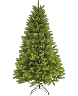 L'albero di Natale artificiale "Ask" 100% PE - Smart LED ha rami tattili, illuminazione bianca calda incorporata e si erge su un supporto in metallo nero su uno sfondo bianco semplice.