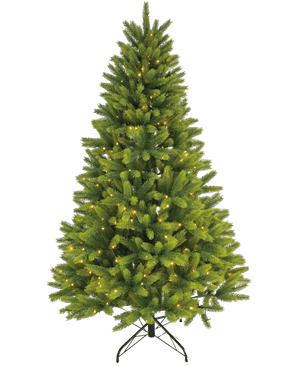 L'albero di Natale artificiale "Ask" 100% PE - Smart LED ha rami tattili, illuminazione bianca calda incorporata e si erge su un supporto in metallo nero su uno sfondo bianco semplice.