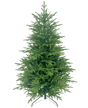 L'albero di Natale artificiale "Åsmund" in PE/PVC è un albero di Natale artificiale verde pieno con rami fitti, in piedi su un supporto di metallo su uno sfondo bianco semplice.