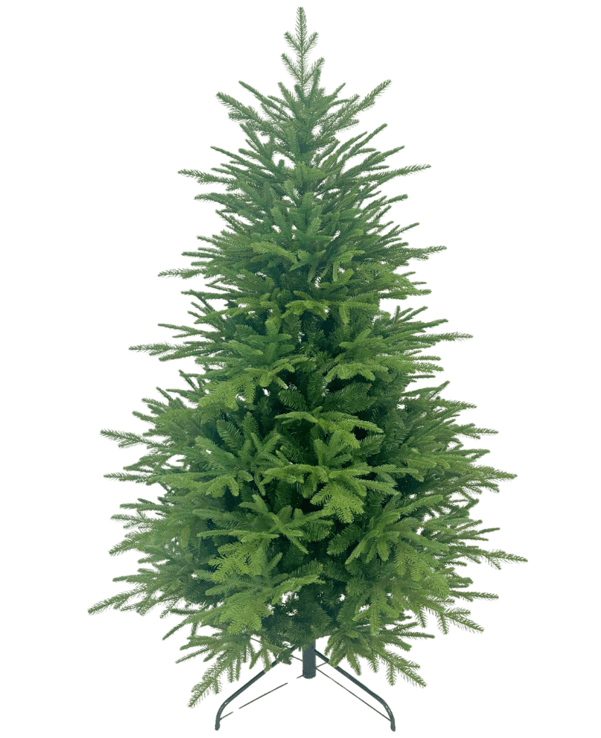 L'albero di Natale artificiale "Åsmund" in PE/PVC è un albero di Natale artificiale verde pieno con rami fitti, in piedi su un supporto di metallo su uno sfondo bianco semplice.
