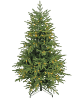 L'albero di Natale artificiale "Åsmund" PE/PVC - Smart LED è un albero artificiale verde con supporto in metallo nero, dotato di piccole luci bianche calde distribuite uniformemente e senza ornamenti o puntale.