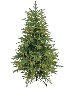 L'albero di Natale artificiale "Åsmund" PE/PVC - Smart LED è un albero artificiale verde con supporto in metallo nero, dotato di piccole luci bianche calde distribuite uniformemente e senza ornamenti o puntale.