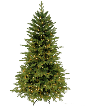 L'albero di Natale artificiale "Ibsen" PE/PVC - Smart LED poggia su una base in metallo nero su sfondo bianco, i suoi rami verdi lussureggianti sono pieni di piccole luci bianche calde e senza decorazioni o ornamenti natalizi aggiuntivi.