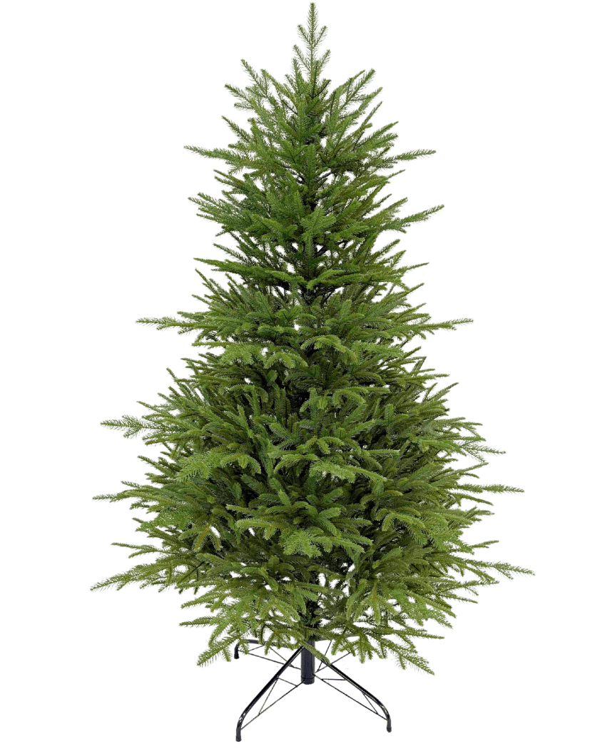 L'albero di Natale artificiale "Sigrid" 100% PE è un albero di Natale artificiale verde e pieno con fitti rami in PE che sembrano reali. L'albero sta in piedi su un supporto di metallo nero su un semplice sfondo bianco.