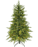 L'albero di Natale artificiale "Sigrid" (100% PE) con luci LED intelligenti in bianco caldo si trova su un supporto in metallo su uno sfondo bianco a tinta unita.
