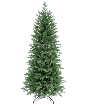 L'albero di Natale artificiale Slim "Undset" 100% PE è un alto albero di Natale artificiale con fitti rami verdi in PE, sembra reale e poggia su una base in metallo nero. Non è decorato e mostrato su un semplice sfondo bianco.