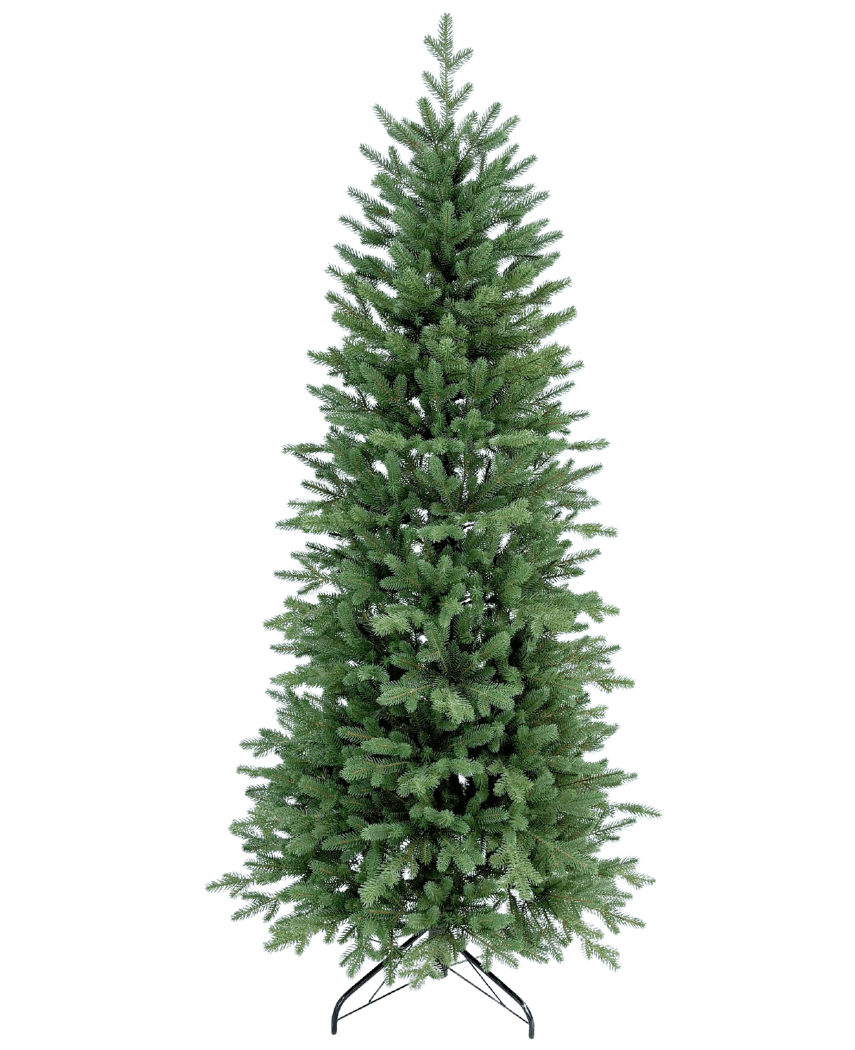 L'albero di Natale artificiale Slim "Undset" 100% PE è un alto albero di Natale artificiale con fitti rami verdi in PE, sembra reale e poggia su una base in metallo nero. Non è decorato e mostrato su un semplice sfondo bianco.