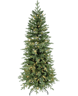 L'albero di Natale artificiale Slim "Undset" 100% PE - Smart LED ha foglie vere e proprie, luci bianche calde integrate e un supporto in metallo nero, raffigurato su un semplice sfondo bianco.