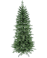 L'albero di Natale artificiale Slim "Undset" PE/PVC è un albero artificiale alto e simmetrico con rami verdi fitti e realistici. Si erge senza decorazioni su un supporto di metallo nero su un semplice sfondo bianco.