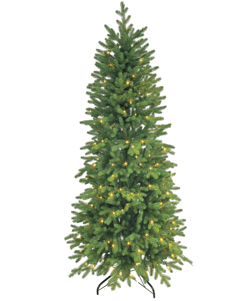 L'albero di Natale artificiale Slim "Undset" PE/PVC - Smart LED ha rami fitti, luci bianche calde e un robusto supporto in metallo nero - ideale per le decorazioni natalizie nella tua casa festiva.