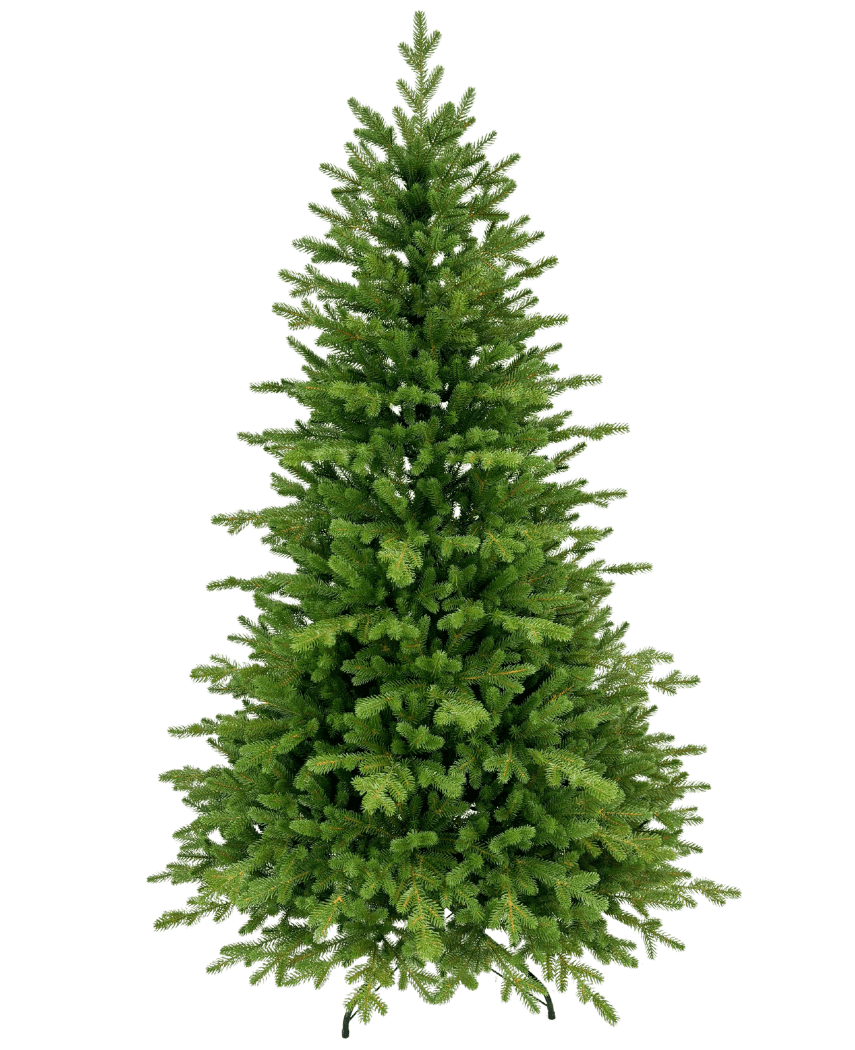 L'albero di Natale artificiale "Vinje" 100% PE è un rigoglioso albero di Natale artificiale verde con fitti rami in PE e una forma simmetrica e naturale, che si staglia senza decorazioni su un semplice sfondo bianco.