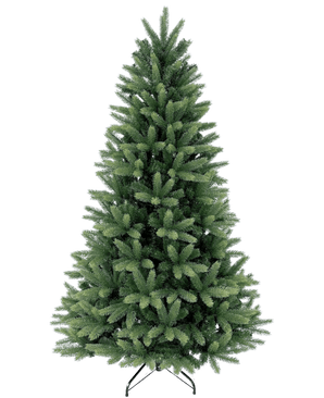 L'albero di Natale artificiale "Weideman" in PE/PVC è pieno e verde su un supporto in metallo su uno sfondo bianco, pronto per esporre le tue decorazioni natalizie preferite.