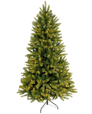 L'albero di Natale artificiale "Weideman" PE/PVC - Smart LED, con rami verdi e luci bianche calde, si erge su una base in metallo nero su uno sfondo bianco.