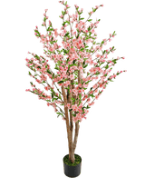 La pianta artificiale di fiori di ciliegio rosa da 150 cm è un albero di fiori di ciliegio artificiale con molteplici tronchi marroni, fiori rosa e foglie verdi, raffigurati su un semplice sfondo bianco.