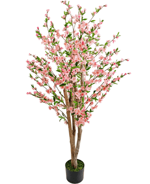 La pianta artificiale di fiori di ciliegio rosa da 150 cm è un albero di fiori di ciliegio artificiale con molteplici tronchi marroni, fiori rosa e foglie verdi, raffigurati su un semplice sfondo bianco.