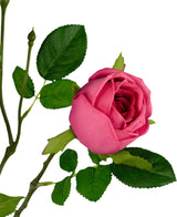 Il ramo di rosa artificiale Real Touch rosa scuro da 72 cm ha un'unica rosa rosa scuro con foglie verdi e un bocciolo su uno stelo, su uno sfondo bianco.