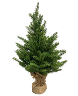 L'albero di Natale artificiale Mini "Munchi" 60 cm 100% PE - Smart LED è un piccolo albero di Natale artificiale verde con aghi real-touch, una base rivestita in iuta e sta in piedi su un semplice sfondo bianco.