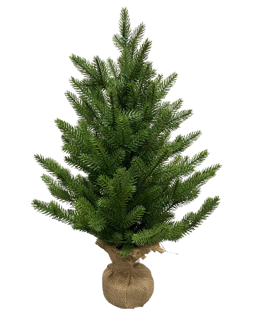 L'Albero di Natale Artificiale Mini "Munchi" 60 cm (100% PE) è un piccolo pino verde con rami fitti. La sua base è avvolta in tela e legata con spago e sta in piedi su un semplice sfondo bianco.