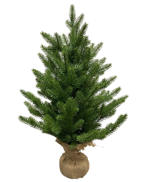L'albero di Natale artificiale Mini "Lillemor" 60 cm, realizzato al 100% in PE con fitti rami verdi e una sensazione di "vero tocco" di prima classe, è avvolto in iuta ed è raffigurato su uno sfondo bianco a tinta unita.