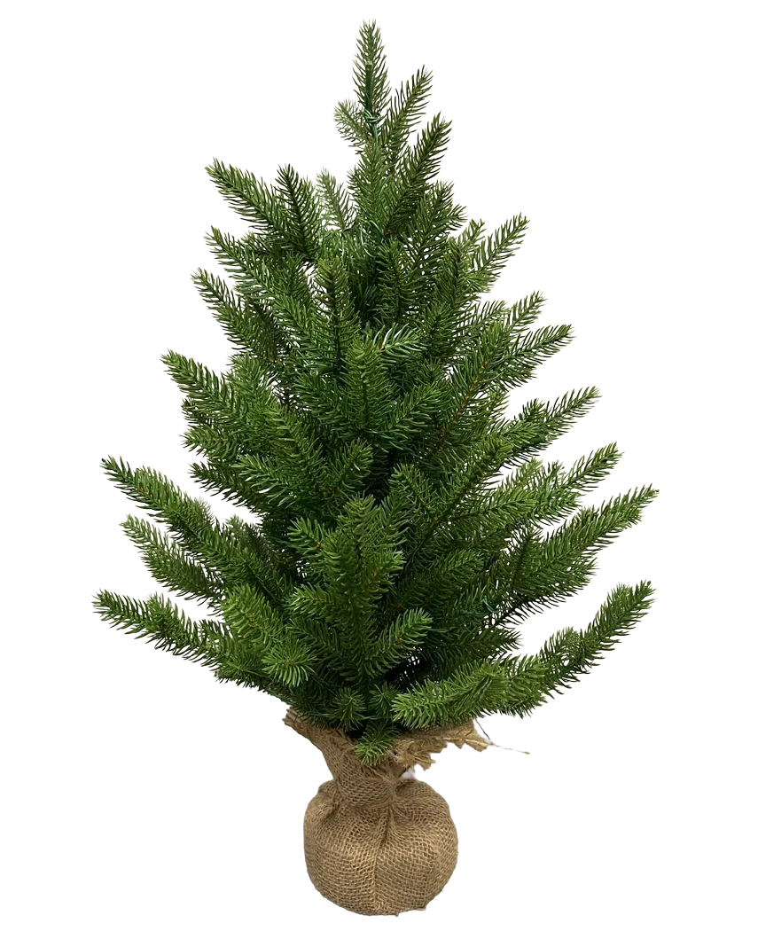 L'albero di Natale artificiale Mini "Lillemor" 60 cm, realizzato al 100% in PE con fitti rami verdi e una sensazione di "vero tocco" di prima classe, è avvolto in iuta ed è raffigurato su uno sfondo bianco a tinta unita.