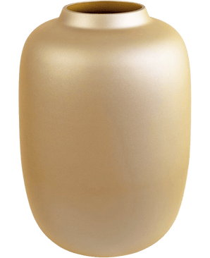 Il vaso Artic Gold (Ø21 x H29 cm) è un vaso sottile e opaco in oro con un corpo ampio e un'apertura stretta e leggermente svasata, su un semplice sfondo bianco.