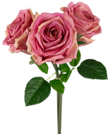 Il bouquet di rose artificiali Real Touch Old Pink da 30 cm contiene tre rose artificiali rosa con foglie e steli verdi, splendidamente disposte su un semplice sfondo bianco.