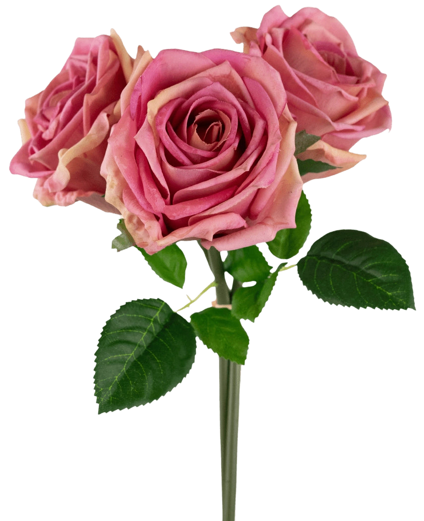Il bouquet di rose artificiali Real Touch Old Pink da 30 cm contiene tre rose artificiali rosa con foglie e steli verdi, splendidamente disposte su un semplice sfondo bianco.