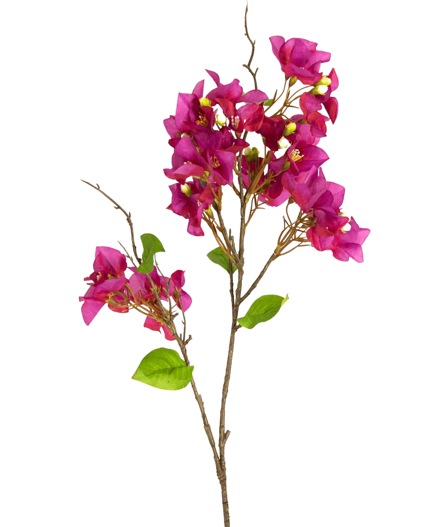 Il fiore artificiale Bougainvillea viola da 90 cm ha vivaci fiori magenta-viola e foglie verdi su sottili steli marroni, su uno sfondo bianco semplice.