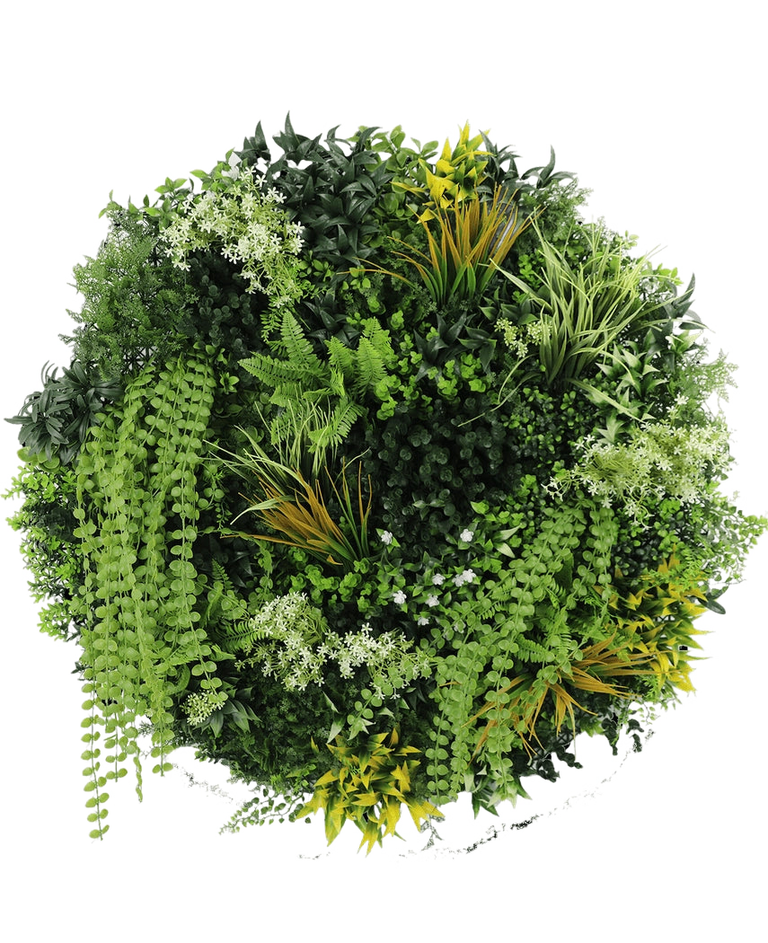 La siepe artificiale su telaio nero Ø100 cm presenta una disposizione circolare di varie piante verdi e fogliame, tra cui felci, rampicanti e foglie con punte gialle, con diverse forme e texture delle foglie su uno sfondo bianco.